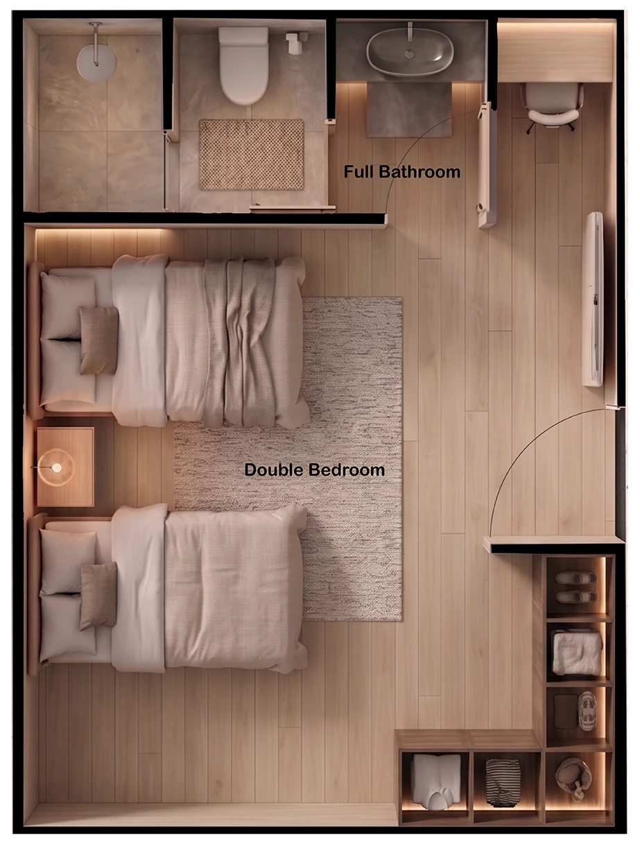 Top-down layout of a double bedroom with two beds, a full bathroom, and a small desk area in a senior living community setting.