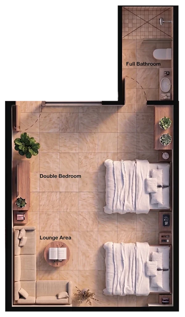 Top-down layout showing a senior living double bedroom with two beds, a lounge area with sofa and table, and an adjacent full bathroom.