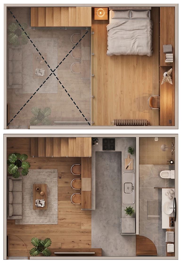 Top-down view of a modern senior living apartment with living area, kitchen, bathroom, and bedroom featuring furnishings and plants.