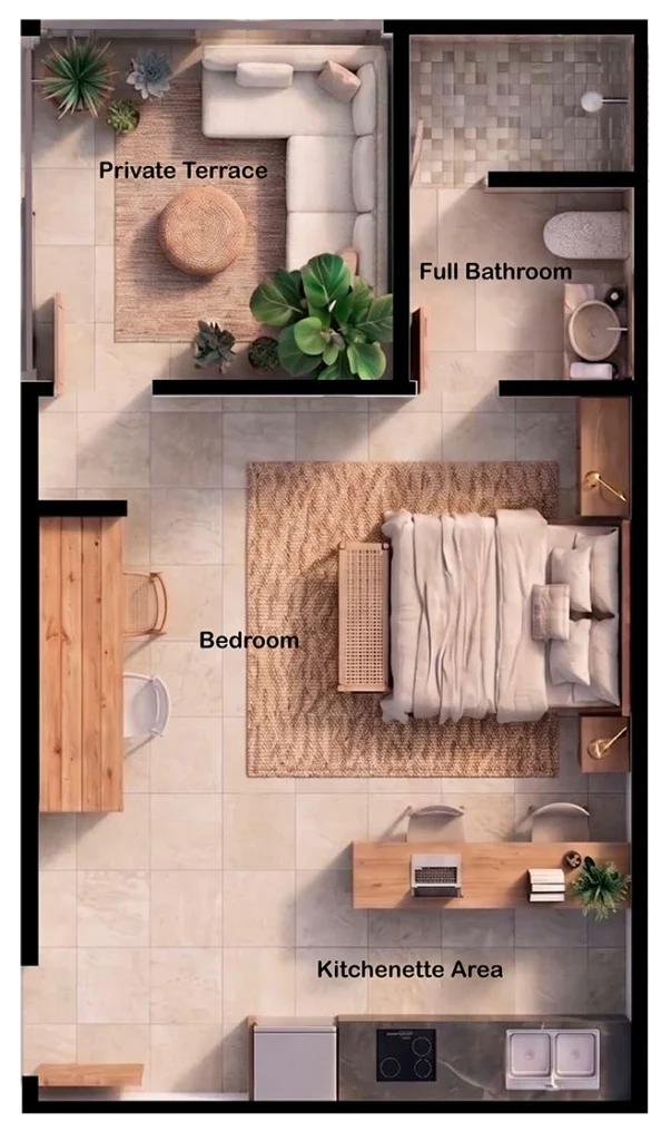 Top-down layout of a senior living apartment with a private terrace, full bathroom, bedroom with bed, and kitchenette area with dining and workspace.