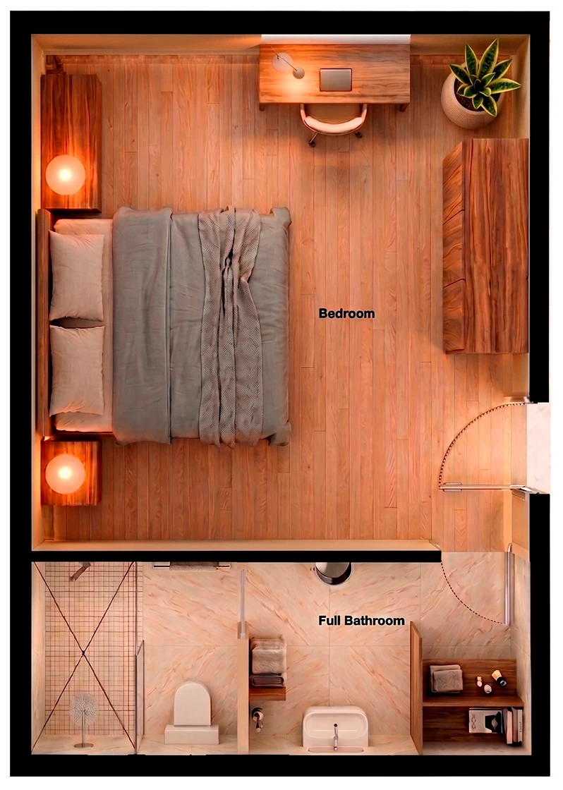 Top-down view of a senior living residential unit showing a bedroom with bed, desks, and lamps, and an adjacent full bathroom with shower, toilet, and sink.