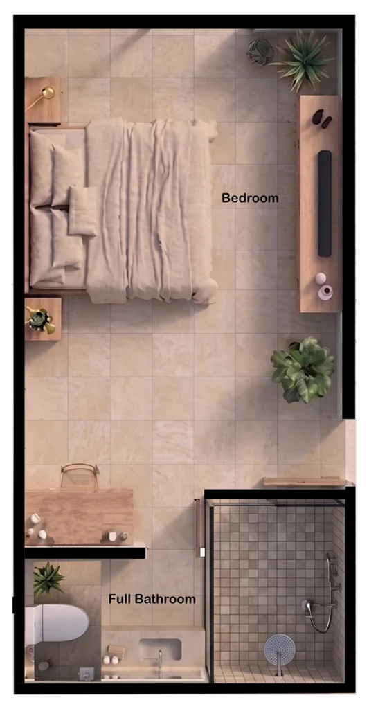 Top-down view of a senior living apartment featuring a bedroom with a bed, bedside tables, plants, and a full bathroom with shower, toilet, and sink.
