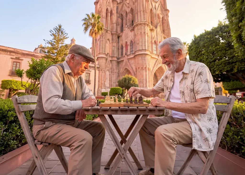 Two elderly men enjoying a chess game outdoors at a wooden table with a historic building and greenery in the background.