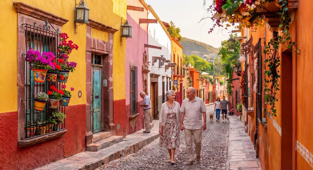 Elderly couple walking hand in hand along a vibrant cobblestone street with colorful buildings and flower decorations.