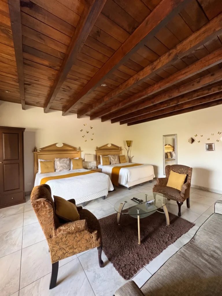 Senior living room with two beds, cozy armchairs around a glass coffee table on a rug, wood-beamed ceiling, and light walls with decorative accents.