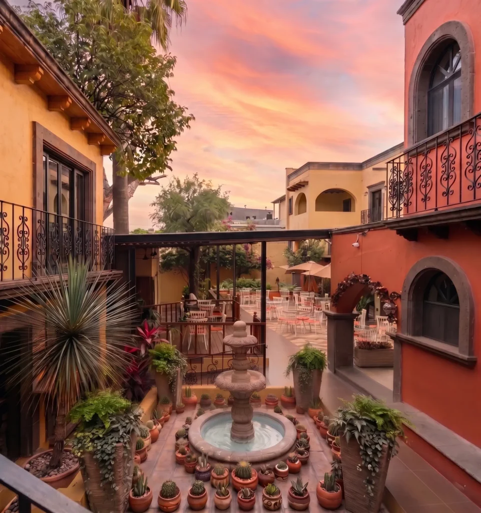 Outdoor courtyard with a central water fountain, potted plants, and seating areas between warm-toned buildings under a colorful sunset sky.