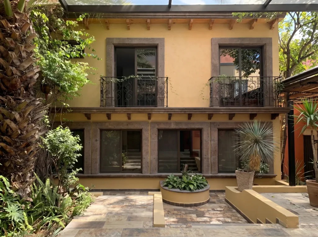 Courtyard with plants and a two-story yellow building featuring balconies with wrought iron railings at Serenity Bridges community.